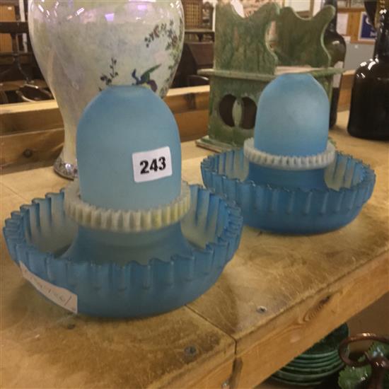 Pair Victorian blue glass night light holders